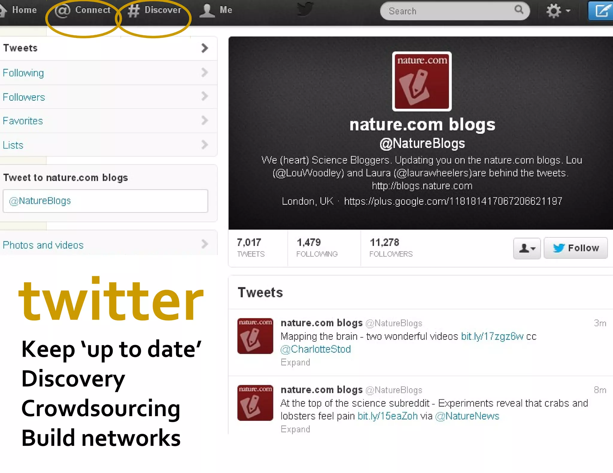 twitter
Keep ‘up to date’
Discovery
Crowdsourcing
Build networks
 