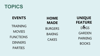 TOPICS
CAKES
BURGERS
EVENTS
BAKING
TRAINING
FUNCTIONS
DOGS
PARTIES
PARKING
HOME
MADE
DINNERS
MOVIES
BOOKS
GARDEN
UNIQUE
FEATURE
S
 