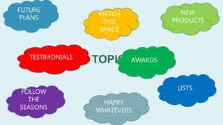 TOPICS
FUTURE
PLANS
WATCH
THIS
SPACE
NEW
PRODUCTS
FOLLOW
THE
SEASONS
HAPPY
WHATEVERS
TESTIMONIALS AWARDS
LISTS
 