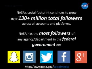 National Aeronautics and Space Administration
http://www.nasa.gov/socialmedia
NASA’s social footprint continues to grow
over 130+ million total followers
across all accounts and platforms.
NASA has the most followers of
any agency/department in the federal
government on:
 