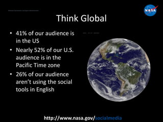National Aeronautics and Space Administration
http://www.nasa.gov/socialmedia
Think Global
• 41% of our audience is
in the US
• Nearly 52% of our U.S.
audience is in the
Pacific Time zone
• 26% of our audience
aren’t using the social
tools in English
 