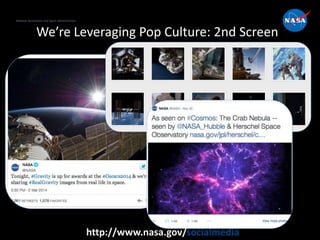 National Aeronautics and Space Administration
http://www.nasa.gov/socialmedia
We’re Leveraging Pop Culture: 2nd Screen
National Aeronautics and Space Administration
 