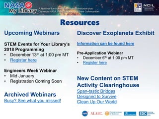 Resources
Upcoming Webinars
STEM Events for Your Library’s
2018 Programming
• December 13th at 1:00 pm MT
• Register here
Engineers Week Webinar
• Mid January
• Registration Coming Soon
Archived Webinars
Busy? See what you missed!
New Content on STEM
Activity Clearinghouse
Span-tastic Bridges
Designed to Survive
Clean Up Our World
Discover Exoplanets Exhibit
Information can be found here
Pre-Application Webinar
• December 6th at 1:00 pm MT
• Register here
 