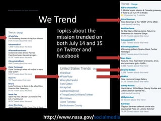National Aeronautics and Space Administration
http://www.nasa.gov/socialmedia
We Trend
Topics about the
mission trended on
both July 14 and 15
on Twitter and
Facebook
 