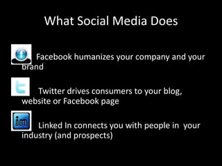 What Social Media DoesFacebook humanizes your company and your brand        Twitter drives consumers to your blog, website or Facebook page        Linked In connects you with people in  your industry (and prospects)