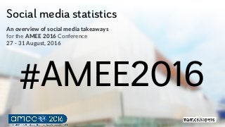 Social media statistics
An#overview#of#social#media#takeaways
for$the$AMEE#2016$Conference
27#$#31#August,#2016
#AMEE2016
 