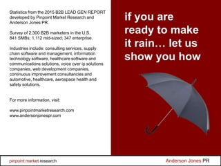 if you are
ready to make
it rain… let us
show you how
Statistics from the 2015 B2B LEAD GEN REPORT
developed by Pinpoint M...