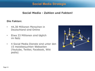 Page  6
Social Media - Zahlen und Fakten!
Die Fakten:
• 44,38 Millionen Menschen in
Deutschland sind Online
• Etwa 23 Millionen sind täglich
im Netz
• 4 Social Media Dienste sind unter den
15 meistbesuchten Webseiten
(Youtube, Twitter, Facebook, Wiki
pedia)
Social Media Strategie
 