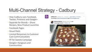 Multi-Channel Strategy - Cadbury
◦ How Cadbury uses Facebook,
Twitter, Pinterest and Google+
◦ Separate for Brands – Share
Recipes, New Product Launches
◦ Facebook Pages
◦ Visual Posts
◦ Limited Responses to Customer
Care Communications
◦ RT for Sweets Campaign
◦ Google+ Hangouts and
Communities
 