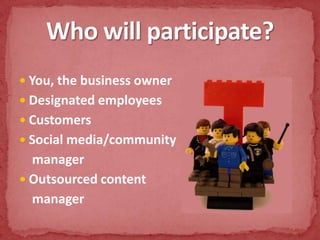 You, the business ownerDesignated employeesCustomersSocial media/community   managerOutsourced content   managerWho will participate?