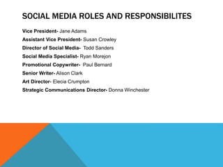 SOCIAL MEDIA ROLES AND RESPONSIBILITES
Vice President- Jane Adams
Assistant Vice President- Susan Crowley
Director of Social Media- Todd Sanders
Social Media Specialist- Ryan Morejon
Promotional Copywriter- Paul Bernard
Senior Writer- Alison Clark
Art Director- Elecia Crumpton
Strategic Communications Director- Donna Winchester
 