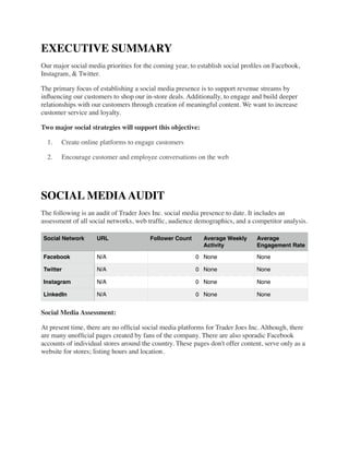 EXECUTIVE SUMMARY	

Our major social media priorities for the coming year, to establish social proﬁles on Facebook,
Instagram, & Twitter.	

The primary focus of establishing a social media presence is to support revenue streams by
inﬂuencing our customers to shop our in-store deals. Additionally, to engage and build deeper
relationships with our customers through creation of meaningful content. We want to increase
customer service and loyalty.	

Two major social strategies will support this objective:	

	

 1.	

 Create online platforms to engage customers	

	

 2.	

 Encourage customer and employee conversations on the web	

!
SOCIAL MEDIAAUDIT	

The following is an audit of Trader Joes Inc. social media presence to date. It includes an
assessment of all social networks, web trafﬁc, audience demographics, and a competitor analysis.	

Social Media Assessment:	

At present time, there are no ofﬁcial social media platforms for Trader Joes Inc. Although, there
are many unofﬁcial pages created by fans of the company. There are also sporadic Facebook
accounts of individual stores around the country. These pages don't offer content, serve only as a
website for stores; listing hours and location.	

!
!
!
Social Network URL Follower Count Average Weekly
Activity
Average
Engagement Rate
Facebook N/A 0 None None
Twitter N/A 0 None None
Instagram N/A 0 None None
LinkedIn N/A 0 None None
 