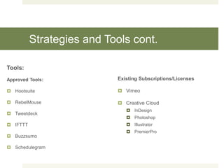 Strategies and Tools cont.
Tools:
Approved Tools:
 Hootsuite
 RebelMouse
 Tweetdeck
 IFTTT
 Buzzsumo
 Schedulegram
Existing Subscriptions/Licenses
 Vimeo
 Creative Cloud
 InDesign
 Photoshop
 Illustrator
 PremierPro
 