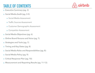 TABLE OF CONTENTS
▸ Executive Summary (pg. 3)
▸ Social Media Audit (pg. 3-5)
▸ Social Media Assessment
▸ Trafﬁc Sources Assessment
▸ Customer Demographic Assessment
▸ Competitor Assessment
▸ Social Media Objectives (pg. 6)
▸ Online Brand Persona and Voice (pg. 7)
▸ Strategies and Tools (pg. 7)
▸ Timing and Key Dates (pg. 8)
▸ Social Media Roles and Responsibilities (pg. 8)
▸ Social Media Policy (pg. 9)
▸ Critical Response Plan (pg. 10)
▸ Measurement and Reporting Results (pg. 11-12)
 