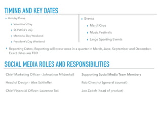 TIMING AND KEY DATES
▸ Holiday Dates
▸ Valentine’s Day
▸ St. Patrick’s Day
▸ Memorial Day Weekend
▸ President’s Day Weekend
▸ Events
▸ Mardi Gras
▸ Music Festivals
▸ Large Sporting Events
SOCIAL MEDIA ROLES AND RESPONSIBILITIES
Chief Marketing Ofﬁcer - Johnathon Mildenhall
Head of Design - Alex Schlieffer
Chief Financial Ofﬁcer- Laurence Tosi
Supporting Social Media Team Members
Rob Chestnut (general counsel)
Joe Zadeh (head of product)
‣ Reporting Dates- Reporting will occur once in a quarter in March, June, September and December.
Exact dates are TBD
 