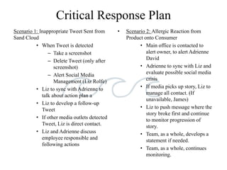 Critical Response Plan
Scenario 1: Inappropriate Tweet Sent from
Sand Cloud
• When Tweet is detected
– Take a screenshot
– Delete Tweet (only after
screenshot)
– Alert Social Media
Management (Liz Rolfe)
• Liz to sync with Adrienne to
talk about action plan a
• Liz to develop a follow-up
Tweet
• If other media outlets detected
Tweet, Liz is direct contact.
• Liz and Adrienne discuss
employee responsible and
following actions
• Scenario 2: Allergic Reaction from
Product onto Consumer
• Main office is contacted to
alert owner, to alert Adrienne
David
• Adrienne to sync with Liz and
evaluate possible social media
crisis
• If media picks up story, Liz to
manage all contact. (If
unavailable, James)
• Liz to push message where the
story broke first and continue
to monitor progression of
story.
• Team, as a whole, develops a
statement if needed.
• Team, as a whole, continues
monitoring.
 