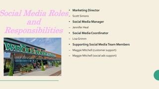 Social Media Roles
and
Responsibilities
• Marketing Director
– Scott Simons
• Social Media Manager
– Jennifer Heal
• Social MediaCoordinator
– Lisa Grimm
• Supporting Social MediaTeam Members
– Maggie Mitchell (customer support)
– Maggie Mitchell (social ads support)
 