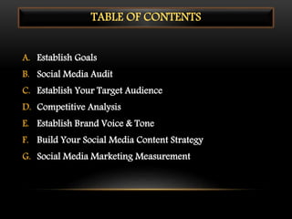 TABLE OF CONTENTS
A. Establish Goals
B. Social Media Audit
C. Establish Your Target Audience
D. Competitive Analysis
E. Establish Brand Voice & Tone
F. Build Your Social Media Content Strategy
G. Social Media Marketing Measurement
 