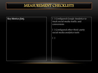 Key Metrics (list): [ ] Configured Google Analytics to
track social media traffic and
conversions
[ ] Configured other third-party
social media analytics tools
[ ]
MEASUREMENT CHECKLISTS
 