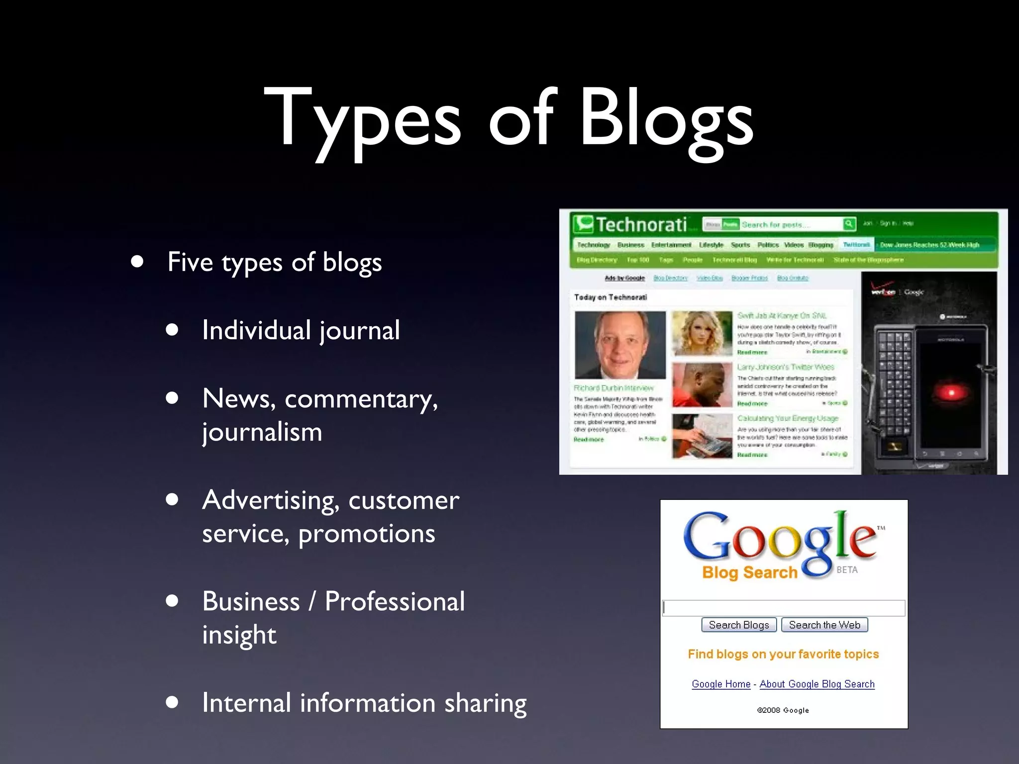 Types of Blogs Five types of blogs Individual journal News, commentary, journalism Advertising, customer service, promotions Business / Professional insight Internal information sharing 