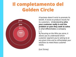 Il completamento del
Golden Circle
WHO
?
HOW
?
WHAT
?
WHY?
A business doesn’t exist to promote its
beliefs. It exists to produce results for
its customers. Understanding who
your customer really is and the
problem or pain they seek to solve
is what differentiates a company
[…]
By focusing on the Who you serve, it
allows you to understand which
customer segment you’re selling to at
any given time and to refine/adapt your
solutions to meet those customer
needs.
(Lex Sisney)
 