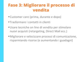 Fase 3: Migliorare il processo di
vendita
▪Customer care (prima, durante e dopo)
▪Trasformare i contatti in clienti
▪Usare tecniche on line di vendita per stimolare
nuovi acquisti (retargeting, Direct Mail ecc.)
▪Migliorare e velocizzare processi di comunicazione,
risparmiando risorse (e aumentando i guadagni)
 