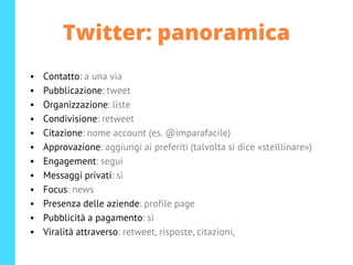Twitter: panoramica
• Contatto: a una via
• Pubblicazione: tweet
• Organizzazione: liste
• Condivisione: retweet
• Citazione: nome account (es. @imparafacile)
• Approvazione: aggiungi ai preferiti (talvolta si dice «stelllinare»)
• Engagement: segui
• Messaggi privati: sì
• Focus: news
• Presenza delle aziende: profile page
• Pubblicità a pagamento: sì
• Viralità attraverso: retweet, risposte, citazioni,
 