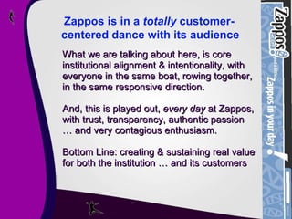 What we are talking about here, is core institutional alignment & intentionality, with everyone in the same boat, rowing together, in the same responsive direction. And, this is played out,  every day  at Zappos, with trust, transparency, authentic passion … and very contagious enthusiasm. Bottom Line: creating & sustaining real value for both the institution … and its customers Zappos is in a  totally  customer-centered dance with its audience 