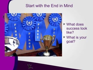 Start with the End in Mind What does success look like? What is your goal? 