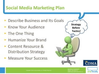 Social Media Marketing Plan  Describe Business and Its Goals Know Your Audience The One Thing Humanize Your Brand Content Resource &  Distribution Strategy  Measure Your Success Strategy  Before  Tactics! 