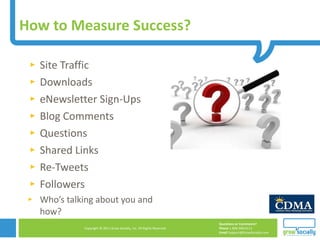 How to Measure Success? Site Traffic Downloads eNewsletter Sign-Ups Blog Comments Questions Shared Links Re-Tweets Followers Who’s talking about you and how? 