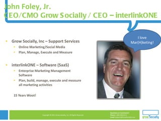 Grow Socially, Inc – Support Services Online Marketing/Social Media Plan, Manage, Execute and Measure interlinkONE – Software (SaaS) Enterprise Marketing Management Software Plan, build, manage, execute and measure all marketing activities 15 Years Woot! I love Mar(H)keting! John Foley, Jr. CEO/CMO Grow Socially / CEO – interlinkONE 
