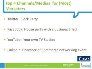 Top 4 Channels/Medias  for (Most) Marketers Twitter: Block Party Facebook: House party with a business effect YouTube:  Your own TV Station LinkedIn: Chamber of Commerce networking event 