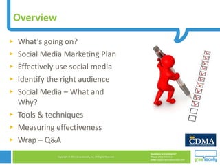 Overview What’s going on? Social Media Marketing Plan Effectively use social media Identify the right audience  Social Media – What and Why? Tools & techniques Measuring effectiveness Wrap – Q&A 