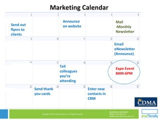 Expo Event 8AM-6PM Send out flyers to clients  Announce on website Email  eNewsletter (Announce) Tell colleagues you’re attending  Send thank you cards Enter new contacts in CRM Mail -Monthly Newsletter Marketing Calendar 
