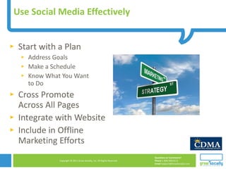 Use Social Media Effectively Start with a Plan Address Goals Make a Schedule Know What You Want  to Do  Cross Promote  Across All Pages Integrate with Website Include in Offline  Marketing Efforts 
