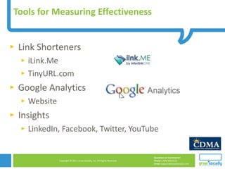 Tools for Measuring Effectiveness Link Shorteners iLink.Me TinyURL.com Google Analytics Website Insights LinkedIn, Facebook, Twitter, YouTube 