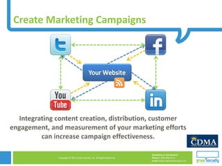 Create Marketing Campaigns Integrating content creation, distribution, customer engagement, and measurement of your marketing efforts can increase campaign effectiveness. 