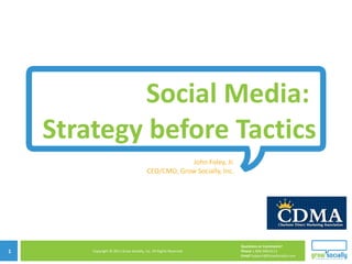 Social Media:  Strategy before Tactics John Foley, Jr. CEO/CMO, Grow Socially, Inc. 