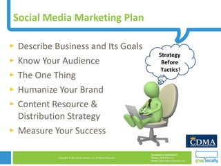 Social Media Marketing Plan  <ul><li>Describe Business and Its Goals </li></ul><ul><li>Know Your Audience </li></ul><ul><l...