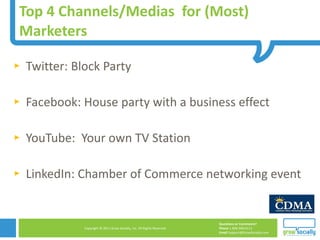 Top 4 Channels/Medias  for (Most) Marketers <ul><li>Twitter: Block Party </li></ul><ul><li>Facebook: House party with a bu...