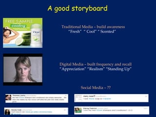 A good storyboard

    Traditional Media – build awareness
       “Fresh” “ Cool” “ Scented”




   Digital Media – built frequency and recall
   “Appreciation” “Realism” “Standing Up”



               Social Media – ??
 