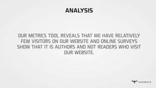 ANALYSIS
OUR METRICS TOOL REVEALS THAT WE HAVE RELATIVELY
FEW VISITORS ON OUR WEBSITE AND ONLINE SURVEYS
SHOW THAT IT IS AUTHORS AND NOT READERS WHO VISIT
OUR WEBSITE.
 