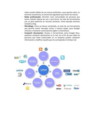 redes sociales hablan de sus marcas preferidas, y que aportan valor, en
    términos económicos, al número de seguidores que tienen las marcas.
-   Redes profesionales: Permiten crear comunidades de personas que
    tienen relación laboral de una u otra forma. Se trata de herramientas
    con un gran potencial en recursos humanos. Como ejemplo tenemos
    LinkedIn y Xing.
-   Microblogs: Como ya hemos comentado, se trata de una herramienta
    que permite enviar mensajes cortos a nuestro target, para divulgar
    artículos o mantener conversaciones ágiles e instantáneas.
-   Compartir documentos: Gracias a herramientas como Google Docs,
    podemos compartir documentos en la red, con el fin de que todas las
    personas que estén involucradas en un proyecto puedan compartir
    información y modificar aquello que les corresponda en tiempo real.
 