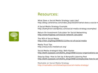 Resources:
What Does a Social Media Strategy Look Like?
http://blog.coherentia.com/index.php/2010/07/what-does-a-social-m

A Social Media Strategy Example
http://kathyknorr.wordpress.com/social-media-strategy-examples/

Return On Investment Calculator for Social Networking
http://www.frogloop.com/social-network-calculator

The ROI of Social Media
http://nten.org/blog/2008/01/11/the-roi-of-social-media

Media Trust Tips
http://resources.mediatrust.org/

Social Media strategist blog: Beth Kanter
http://beth.typepad.com/beths_blog/2008/11/your-organizations-soc

Step-by-Step: How to Set Up A Nonprofit Listening Post
http://beth.typepad.com/beths_blog/2008/12/stepbystep-how-to-set

Mashable on Social Media Strategy
http://mashable.com/follow/topics/social-media-strategy/
 