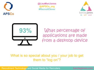 barclayjones.comRecruitment Technology and Social Media for Recruiters
@LisaMariJones
@APSCo_org
#RecruitClever
What perce...