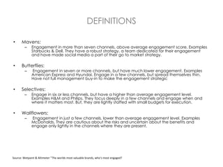 DEFINITIONS

•     Mavens:
         –    Engagement in more than seven channels, above average engagement score. Examples
...