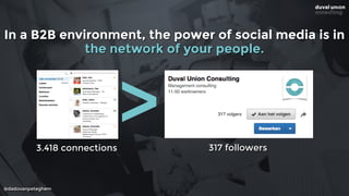 @dadovanpeteghem
In a B2B environment, the power of social media is in  
the network of your people.
3.418 connections 317 followers
>
 