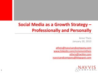 Social Media as a Growth Strategy –
           Professionally and Personally
                                         Anne Theis
                                    January 20, 2010

                      atheis@navvisandcompany.com
                     www.linkedin.com/in/annemtheis
                                  atheis@twitter.com
                    navvisandcompany@blogspot.com



1
 