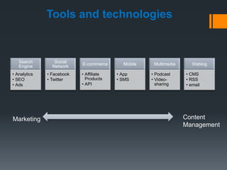 Tools and technologies



   Search        Social
                           E-commerce      Mobile    Multimedia      Weblog
   Engine       Network
• Analytics   • Facebook   • Affiliate   • App      • Podcast     • CMS
• SEO         • Twitter      Products    • SMS      • Video-      • RSS
• Ads                      • API                      sharing     • email




Marketing                                                         Content
                                                                  Management
 